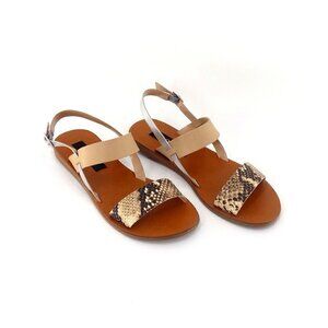 Bloomingdale's Aqua Flat Sandals Leather Ankle Strap Tan Silver Snake Sam